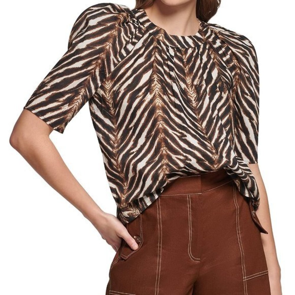 Women's NWT Calvin Klein Animal Print‎ Puff Sleeve Blouse Size Large